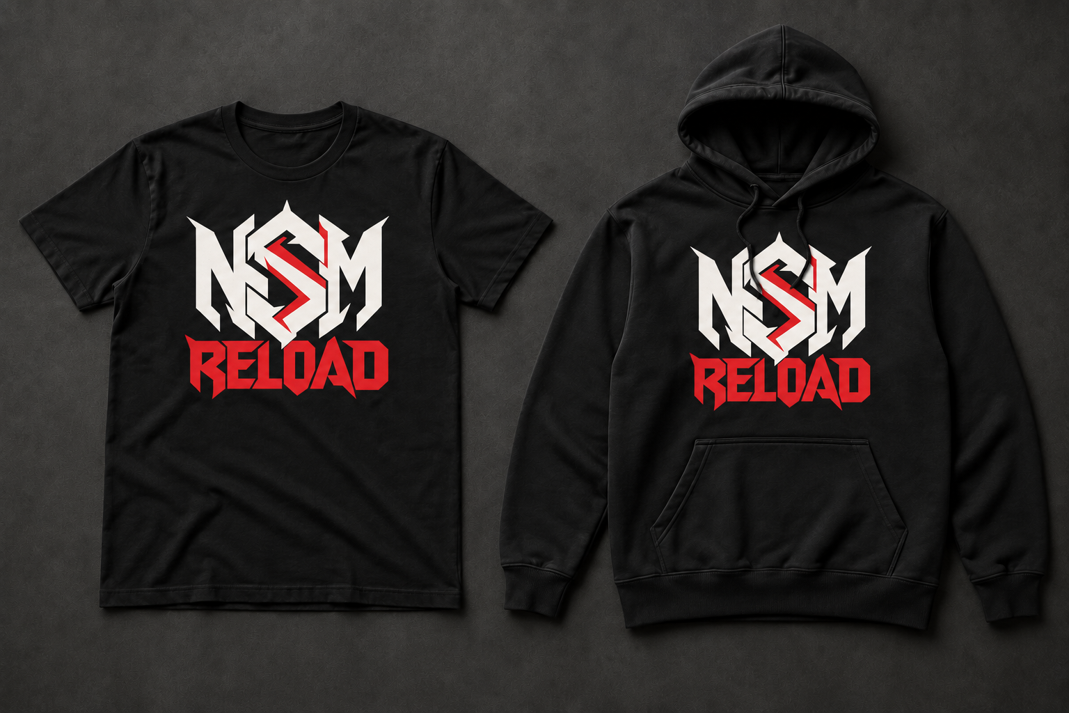 NSM RELOAD black tee and hoodie concepts with the new white-and-red NSM emblem and red RELOAD lettering